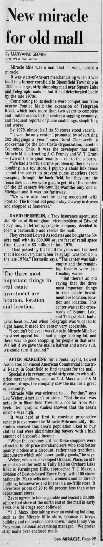 Miracle Mile Shopping Center - 1983 Article On Name Change To Bloomfield Town Square